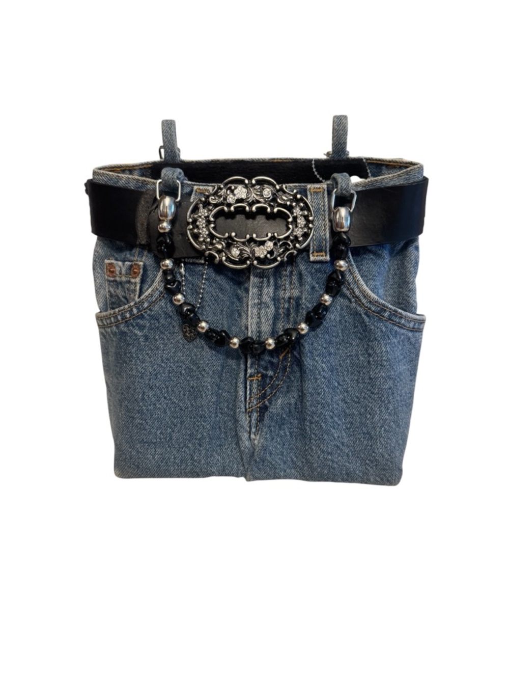 Denim Distressed  ,Leather Western Belt w/ Ornate Beaded Handle Bag